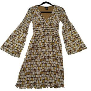 BCBGMaxazria Women's Boho Bell Sleeve Sheer Lined Mini Dress Size XS Gold Brown